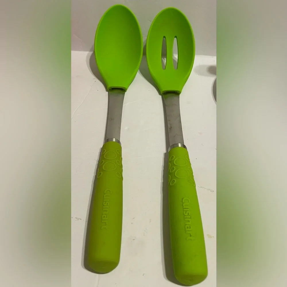 2 pc Kitchen Tool Set: Solid & Slotted Spoons in slightly different green shades